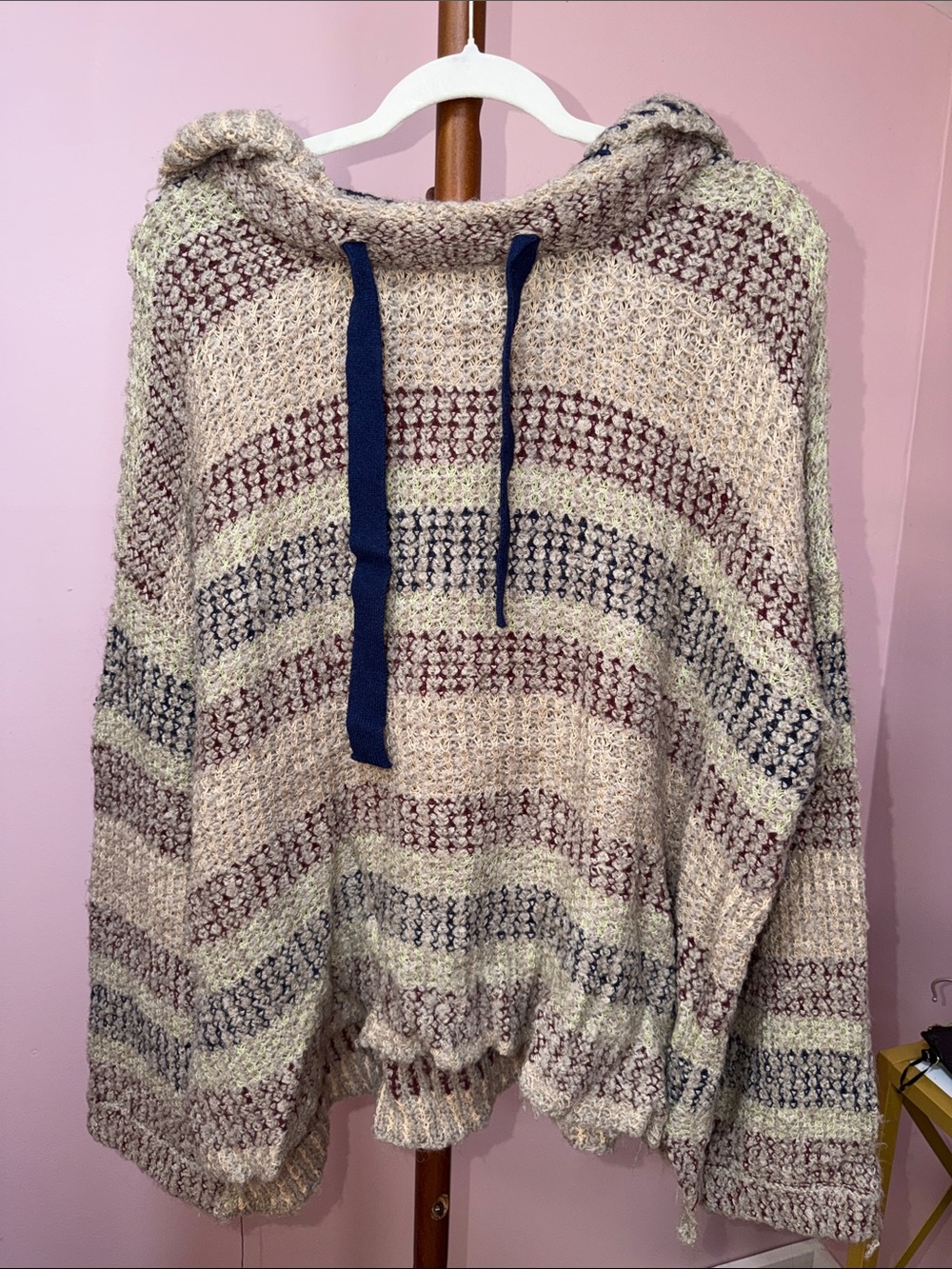 easel Striped Cowl Hoodie Sweater in Cream, Navy & Burgundy